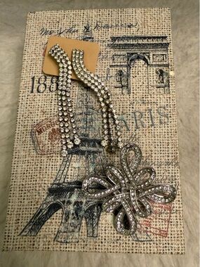 2 Piece Crystal Drop Earrings and Crystal Bow Brooch - Silver Sparkle